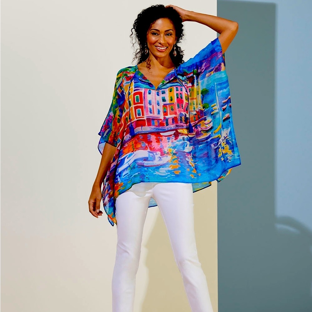 Chico’s Watercolor Shore Tie-Tassel Poncho